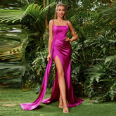 Evening Dress Solid Color Split Maxi Dress Pleating One Shoulder Pleating Strap Tight Ribbon Meiko